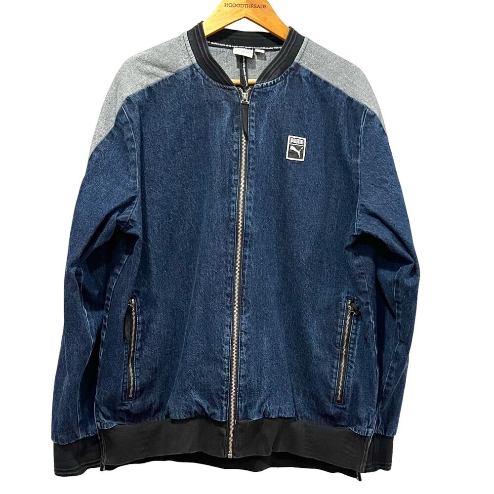Puma Men's Baseball Collar Zip Front Denim Bomber Jacket, Blue XL
